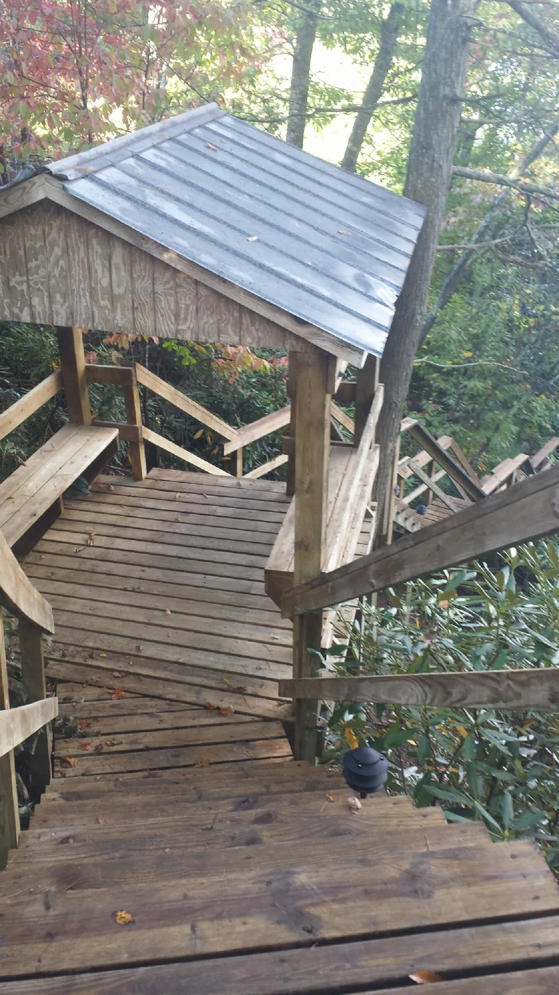 Metal roofed shelter over wooden steps on a wooded walkway — Skylight Repair & Installation work by our crew in Danielsville